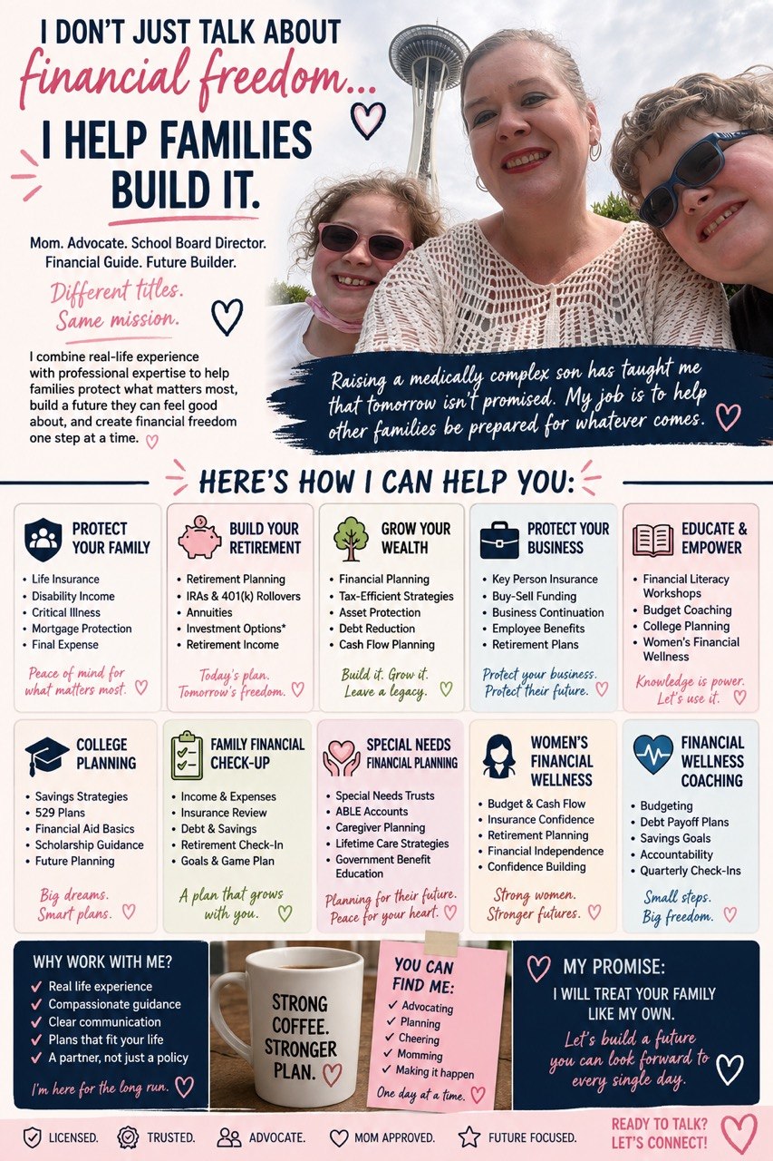 Family financial freedom poster showing services and an advisor with her children