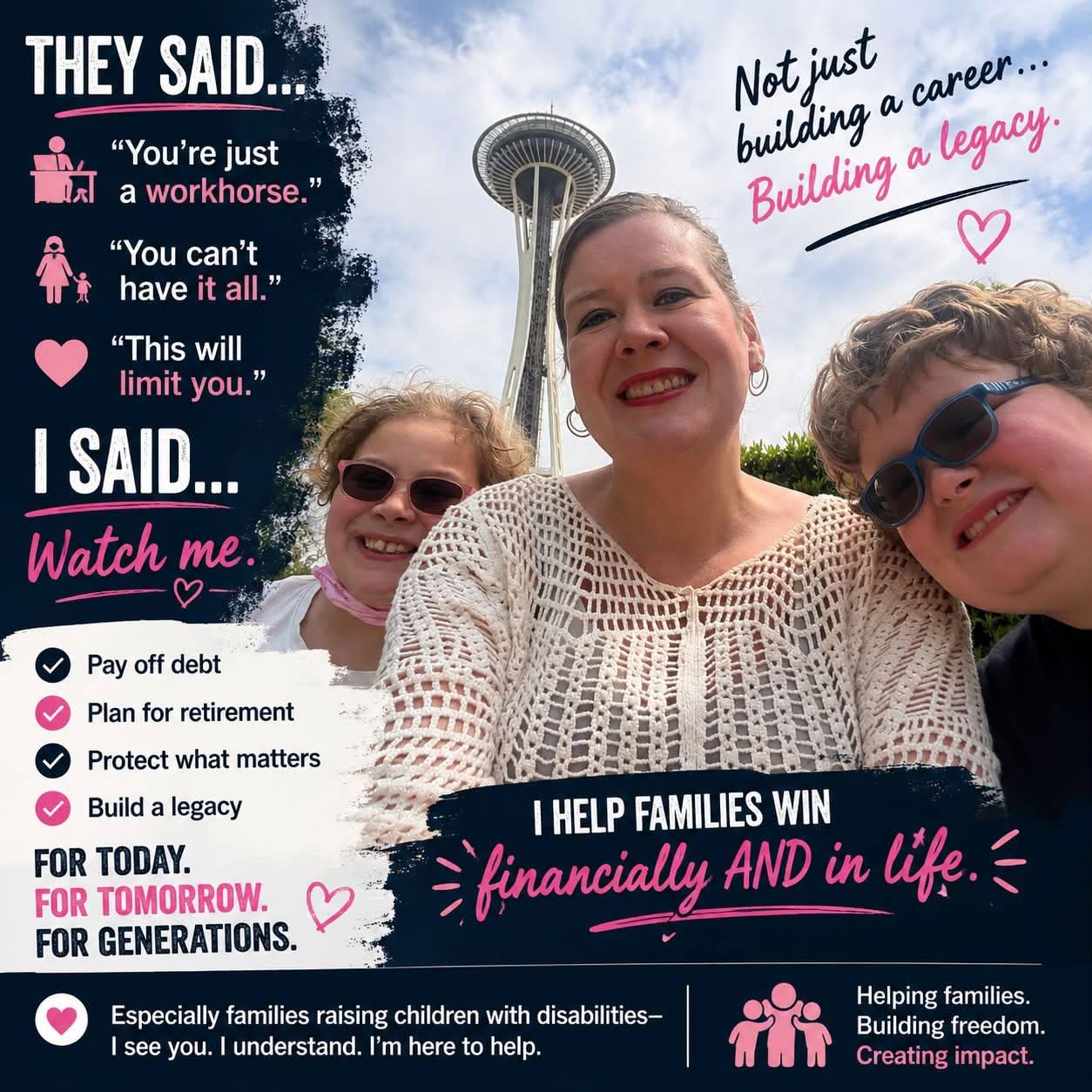 Advisor pictured with her children beside a message about building a family legacy